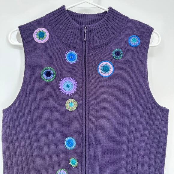 Coldwater Creek Sweater Vest Womens XS Embroidered Beaded Boho Layering Purple - Picture 2 of 13